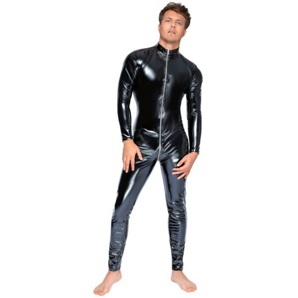 Stylish Black Level Vinyl Jumpsuit with Zip - Perfect for Night Out