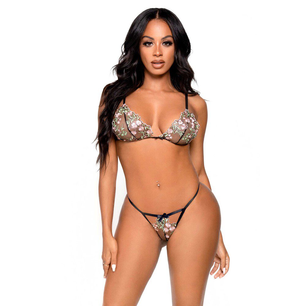 81649BLKx1 Leg Avenue Black Floral Sheer Bra and G-String Set - Elegant Lingerie for All Occasions - Image 1