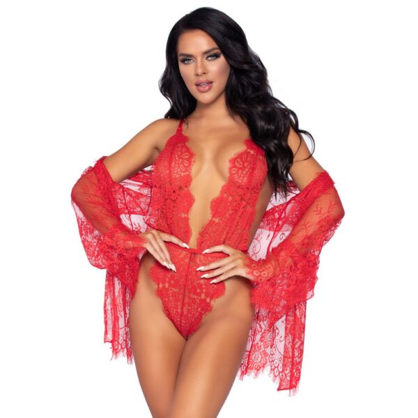 Leg Avenue Red Floral Lace Teddy and Robe Set - Elegant Lingerie for Romantic Nights