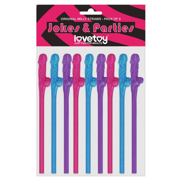 Lovetoy Pack of 9 Colorful Willy Straws in Blue, Pink, and Purple - Fun Party Accessories