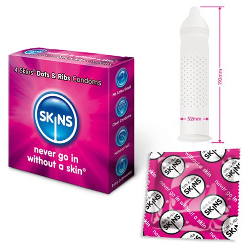 SKDR4x Skins Condoms Dots and Ribs 4 Pack - Ultimate Pleasure and Sensation - Image 1